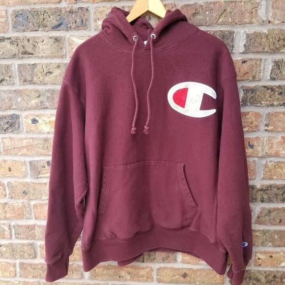 Champion Tops - CHAMPION- RARE! Reverse Weave Big C Logo Hoodie Sweatshirt SPELL OUT On Back